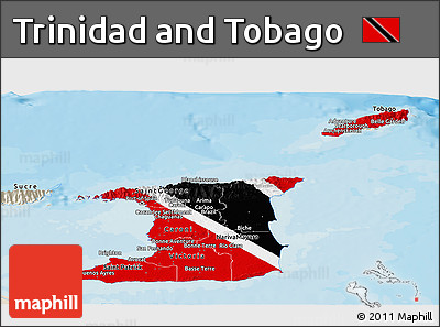 Flag Panoramic Map of Trinidad and Tobago, shaded relief outside, bathymetry sea, flag aligned to the middle