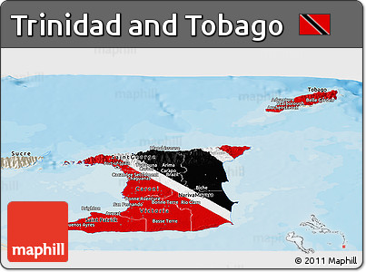 Flag Panoramic Map of Trinidad and Tobago, shaded relief outside, bathymetry sea, flag aligned to the middle