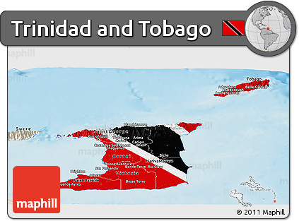 Flag Panoramic Map of Trinidad and Tobago, shaded relief outside, flag aligned to the middle