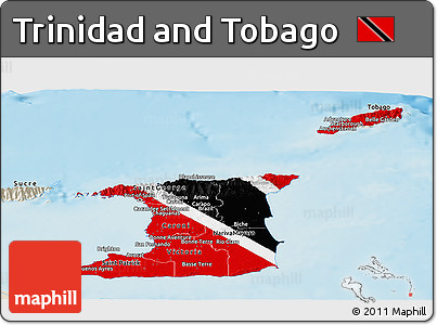Flag Panoramic Map of Trinidad and Tobago, shaded relief outside, flag aligned to the middle