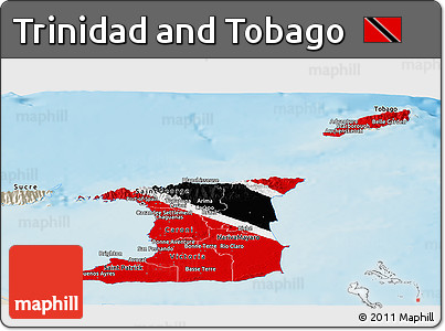 Flag Panoramic Map of Trinidad and Tobago, shaded relief outside, flag rotated