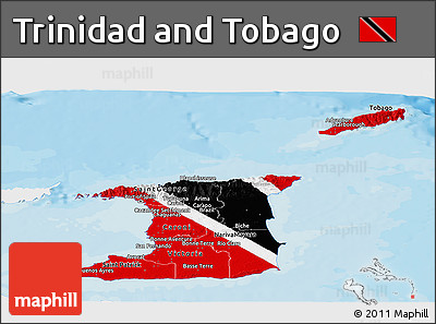 Flag Panoramic Map of Trinidad and Tobago, single color outside, bathymetry sea, shaded relief sea, flag aligned to the middle