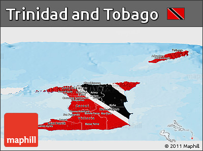 Flag Panoramic Map of Trinidad and Tobago, single color outside, bathymetry sea, shaded relief sea