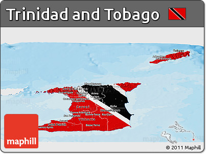 Flag Panoramic Map of Trinidad and Tobago, single color outside, bathymetry sea, shaded relief sea