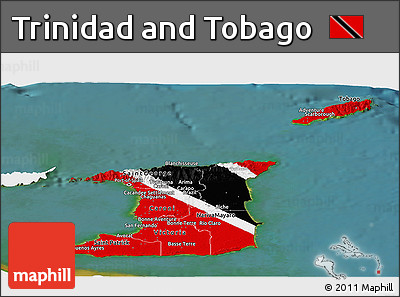 Flag Panoramic Map of Trinidad and Tobago, single color outside, satellite sea, flag centered