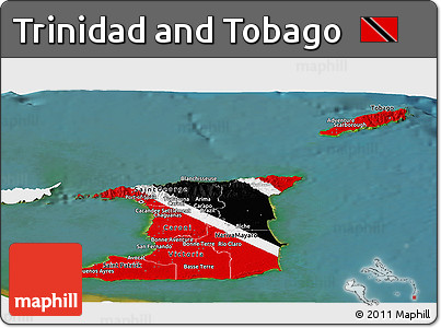 Flag Panoramic Map of Trinidad and Tobago, single color outside, satellite sea, flag centered