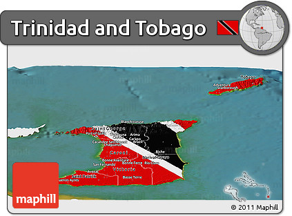 Flag Panoramic Map of Trinidad and Tobago, single color outside, satellite sea, flag aligned to the middle
