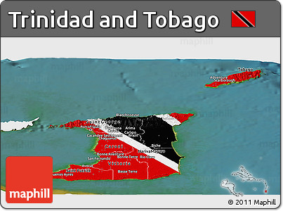 Flag Panoramic Map of Trinidad and Tobago, single color outside, satellite sea, flag aligned to the middle