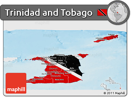 Flag Panoramic Map of Trinidad and Tobago, single color outside, shaded relief sea, flag aligned to the middle