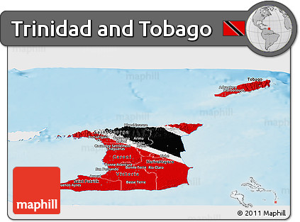 Flag Panoramic Map of Trinidad and Tobago, single color outside, shaded relief sea, flag rotated