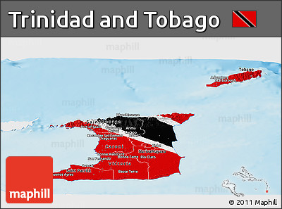 Flag Panoramic Map of Trinidad and Tobago, single color outside, shaded relief sea, flag rotated