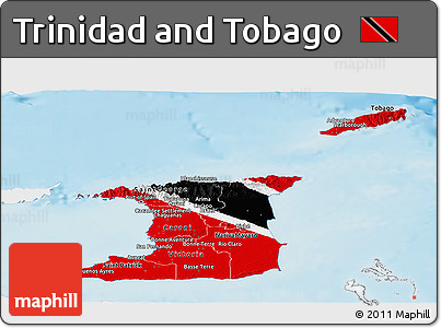 Flag Panoramic Map of Trinidad and Tobago, single color outside, shaded relief sea, flag rotated