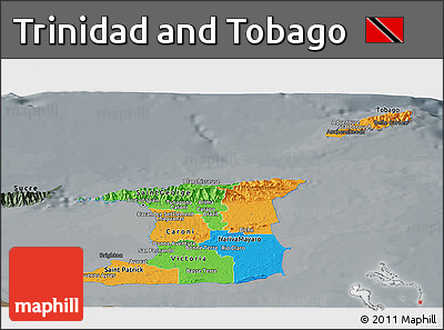 Political Panoramic Map of Trinidad and Tobago, darken, semi-desaturated