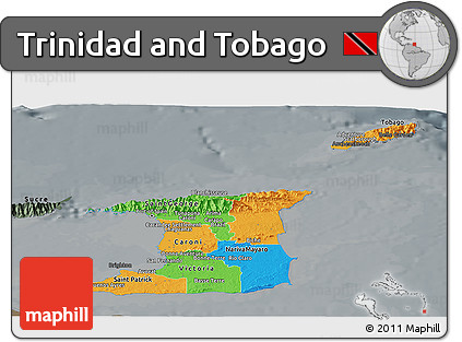Political Panoramic Map of Trinidad and Tobago, darken, semi-desaturated
