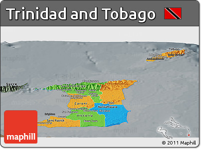 Political Panoramic Map of Trinidad and Tobago, darken, semi-desaturated