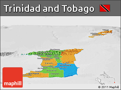 Political Panoramic Map of Trinidad and Tobago, lighten, desaturated