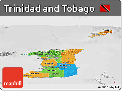 Political Panoramic Map of Trinidad and Tobago, lighten, desaturated