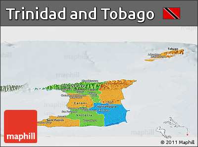Political Panoramic Map of Trinidad and Tobago, lighten, semi-desaturated