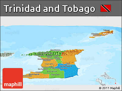Political Panoramic Map of Trinidad and Tobago, lighten, semi-desaturated, land only