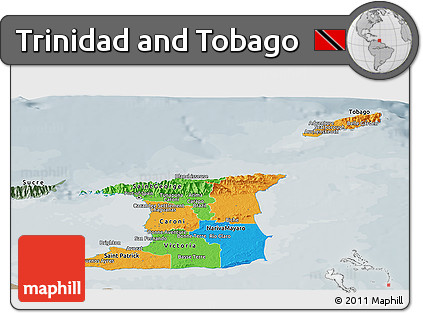 Political Panoramic Map of Trinidad and Tobago, semi-desaturated