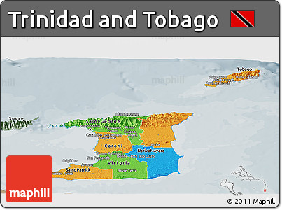 Political Panoramic Map of Trinidad and Tobago, semi-desaturated