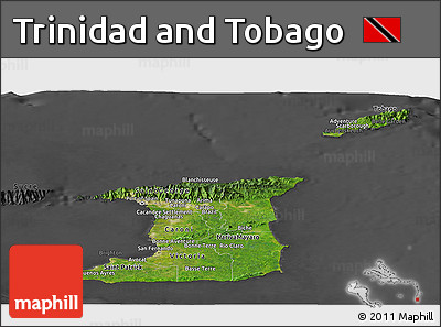 Satellite Panoramic Map of Trinidad and Tobago, darken, desaturated