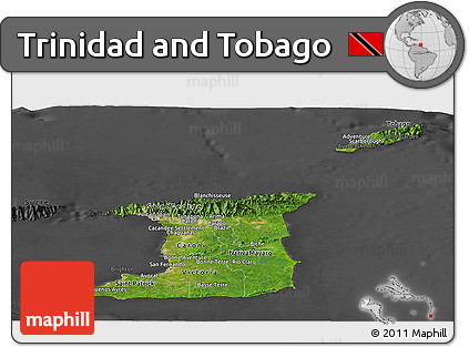 Satellite Panoramic Map of Trinidad and Tobago, darken, desaturated