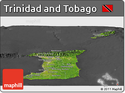 Satellite Panoramic Map of Trinidad and Tobago, darken, desaturated