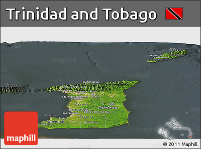 Satellite Panoramic Map of Trinidad and Tobago, darken, semi-desaturated