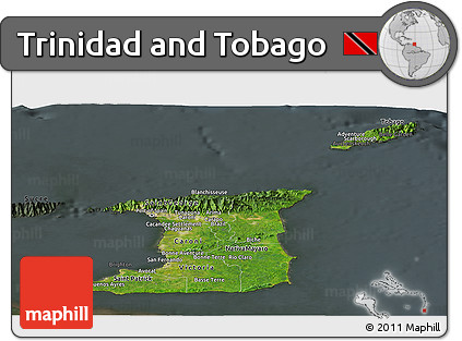 Satellite Panoramic Map of Trinidad and Tobago, darken, semi-desaturated