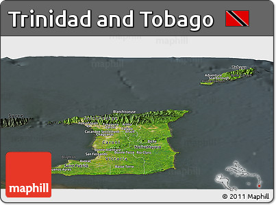 Satellite Panoramic Map of Trinidad and Tobago, darken, semi-desaturated