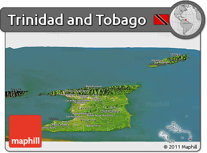 Satellite Panoramic Map of Trinidad and Tobago, darken, semi-desaturated, land only