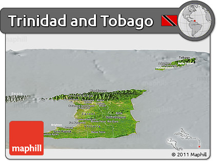 Satellite Panoramic Map of Trinidad and Tobago, lighten, semi-desaturated
