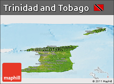 Satellite Panoramic Map of Trinidad and Tobago, single color outside, shaded relief sea
