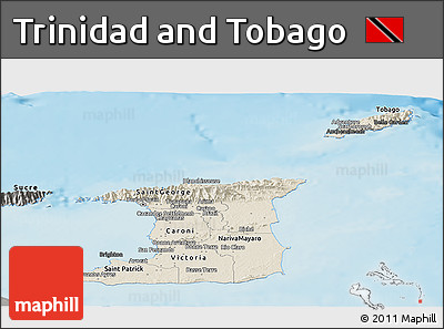 Shaded Relief Panoramic Map of Trinidad and Tobago, darken, semi-desaturated, land only
