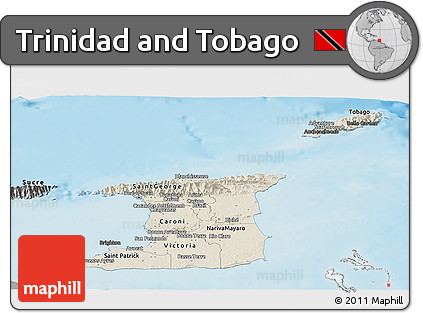 Shaded Relief Panoramic Map of Trinidad and Tobago, darken, semi-desaturated, land only