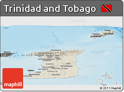 Shaded Relief Panoramic Map of Trinidad and Tobago, darken, semi-desaturated, land only