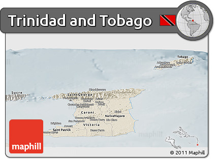Shaded Relief Panoramic Map of Trinidad and Tobago, semi-desaturated