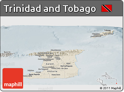 Shaded Relief Panoramic Map of Trinidad and Tobago, semi-desaturated