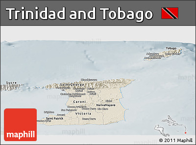 Shaded Relief Panoramic Map of Trinidad and Tobago, semi-desaturated