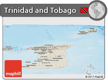 Shaded Relief Panoramic Map of Trinidad and Tobago, semi-desaturated, land only