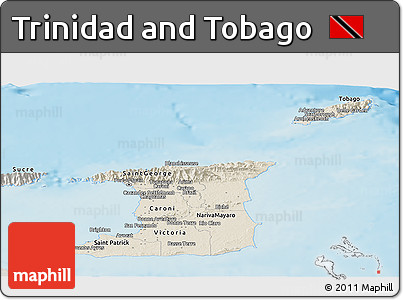 Shaded Relief Panoramic Map of Trinidad and Tobago, semi-desaturated, land only