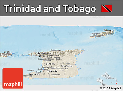 Shaded Relief Panoramic Map of Trinidad and Tobago, semi-desaturated, land only