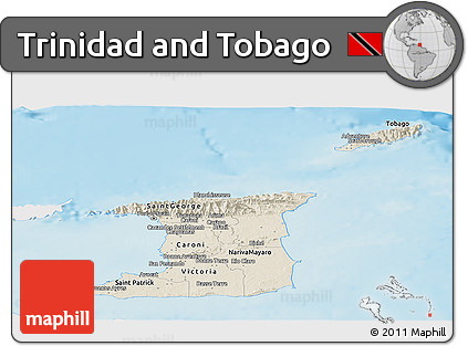 Shaded Relief Panoramic Map of Trinidad and Tobago, single color outside
