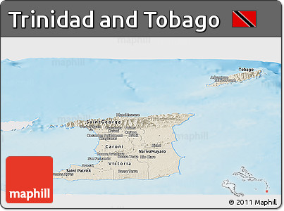 Shaded Relief Panoramic Map of Trinidad and Tobago, single color outside
