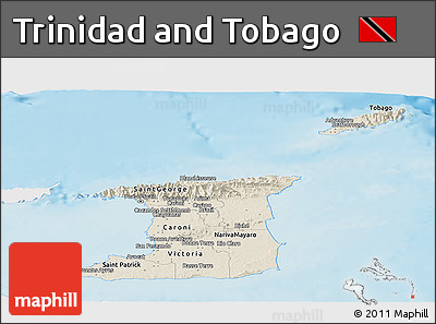 Shaded Relief Panoramic Map of Trinidad and Tobago, single color outside