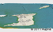 Shaded Relief Panoramic Map of Trinidad and Tobago, single color outside, satellite sea