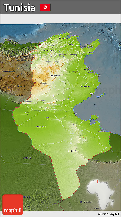 Physical 3D Map of Tunisia, darken