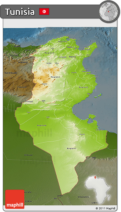 Physical 3D Map of Tunisia, darken