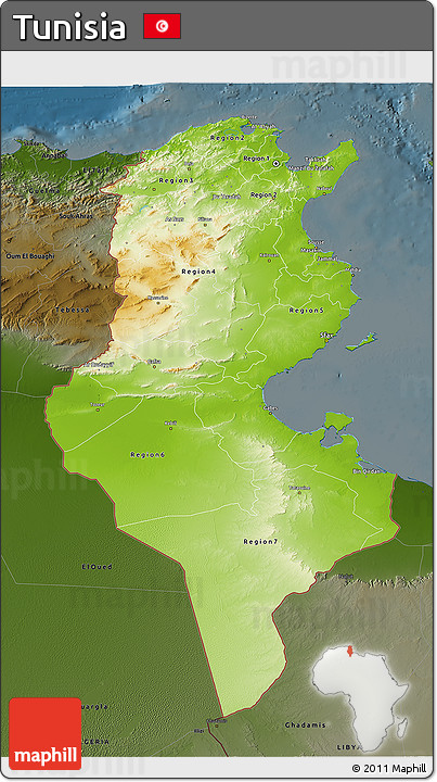 Physical 3D Map of Tunisia, darken